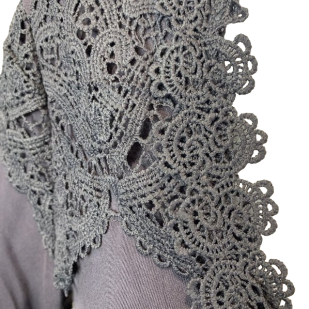 Bohemian meets Grunge Long sleeve Cotton top w Lace V- neck w/tie up Grey/purple - Picture 7 of 8